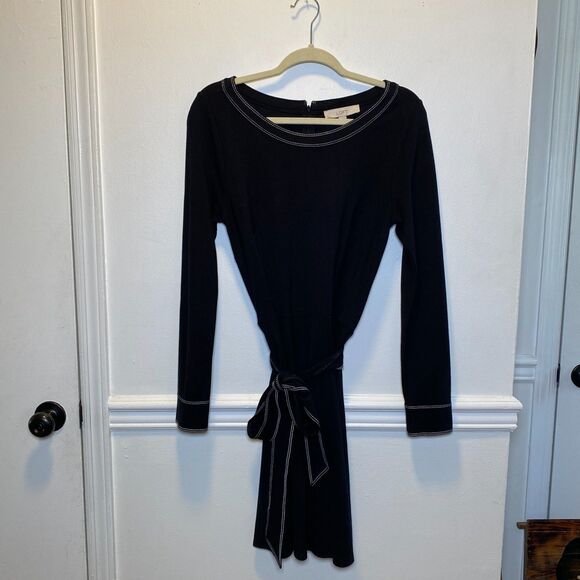 Minimalist Quiet Luxury LOFT Black Dress Long Sleeve Tie Waist Contrast Stitch 6 - Picture 3 of 12